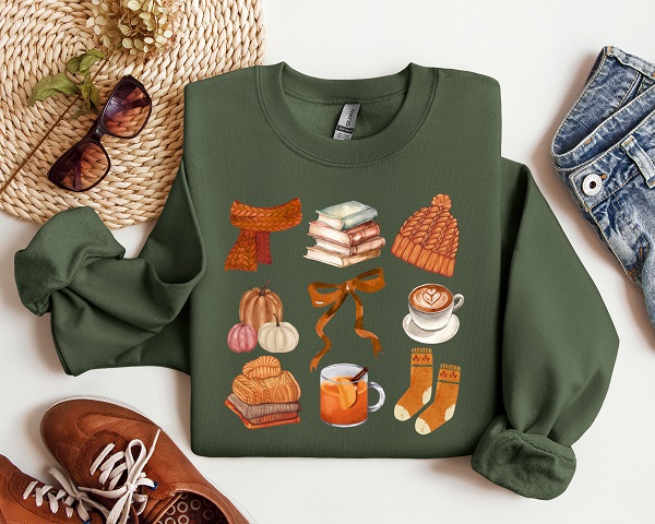 I love fall coquette on military green sweatshirt