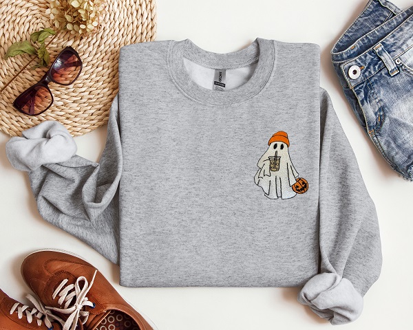 embroidered ghost with iced coffee on grey crewneck