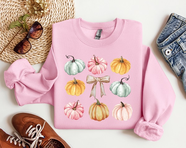 pastel pumpkin coquette on pink sweatshirt