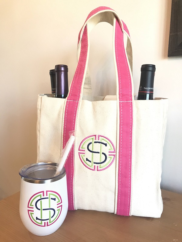 Embroidered Canvas Wine Tote-with straps in pink, embroidered with a S initial and matching insulated wine tumbler