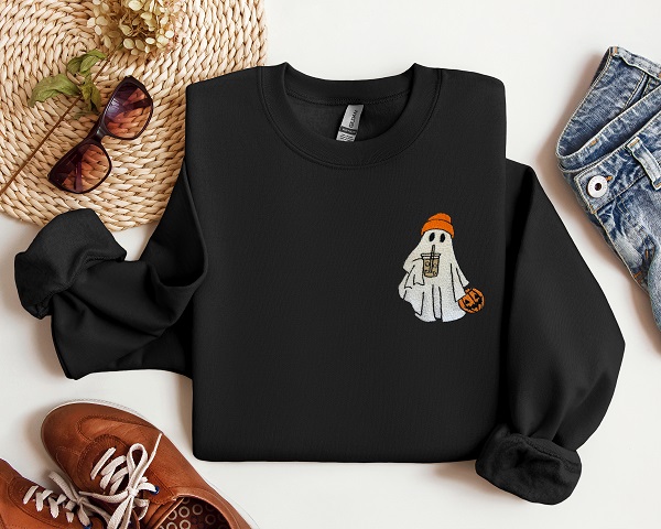 Embroidered Ghost with Iced Coffee Crewneck-embroidered on choice of sweatshirt color