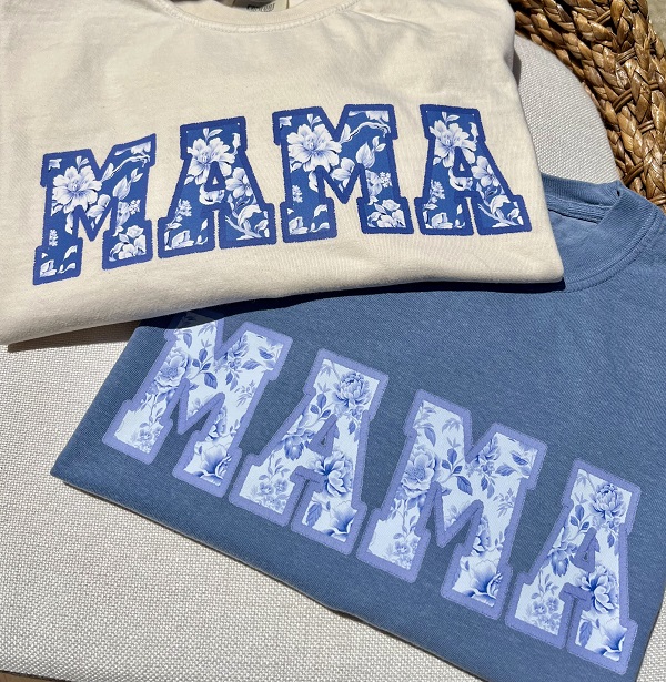 MAMA Chinoiserie Short Sleeve Tee-faux embroidery look on a Comfort Colors shirt in blue jean or ivory 