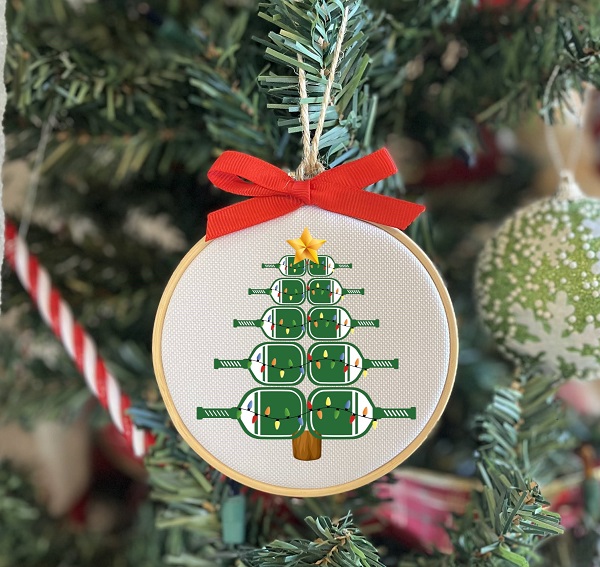 Pickleball Paddle Christmas Ornament-4 inch wood hoop with design on a durable canvas finished with red grosgrain ribbon