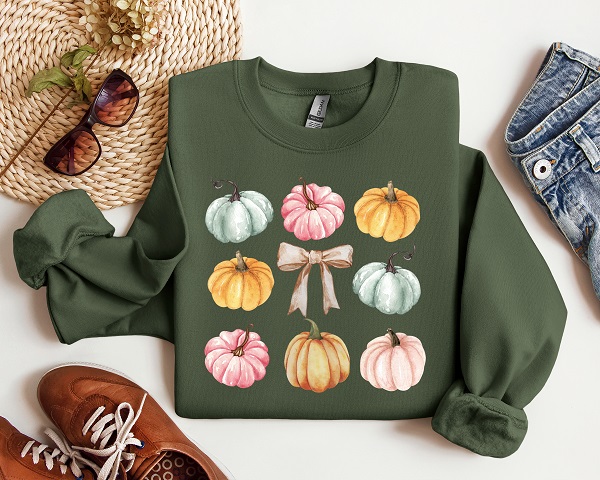 Pastel Pumpkin Coquette Graphic Crewneck-pastel pumpkins with bow available on your choice of crewneck color