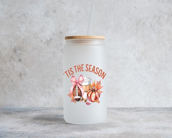 Tis the Season Coquette Frosted Glass Can-with football, pumpkin latte and coquette bow