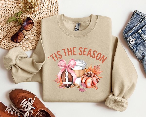 Tis the Season Coquette Graphic Crewneck-with football, pumpkin spice and bow available on your choice of crewneck color