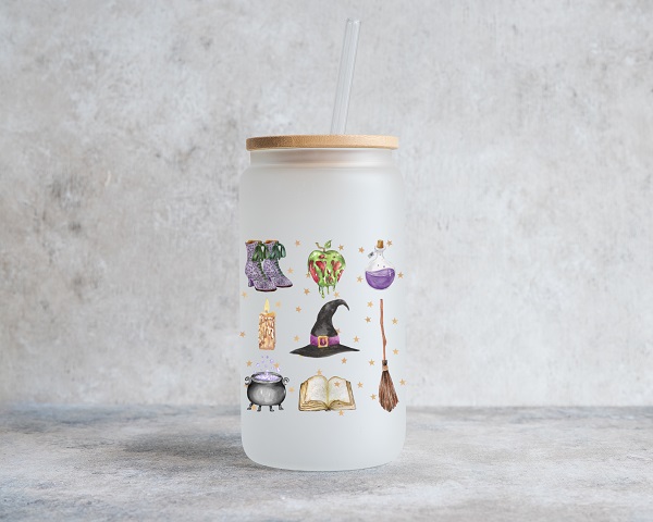 Witches Things Frosted Cold Brewed Glass Can-with spooky motifs of a cauldron, witch hat and broom