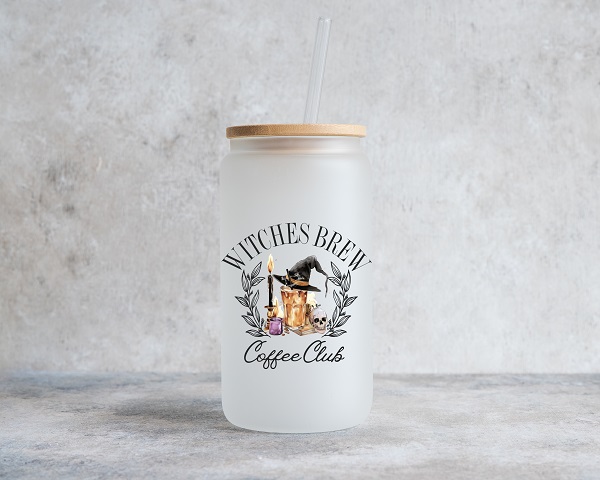 Witches Brew Coffee Club Frosted Glass Can-with witch hat, skull and scary potion