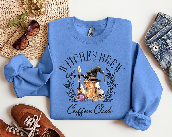 Witches Brew Coffee Club Graphic Crewneck-with skull, witch hat and potion on your choice of sweatshirt color