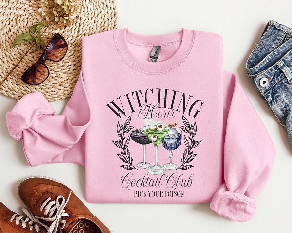 Witching Hour Cocktail Club Graphic Crewneck-Sweatshirt with eyeballs, skulls and spider in party glasses