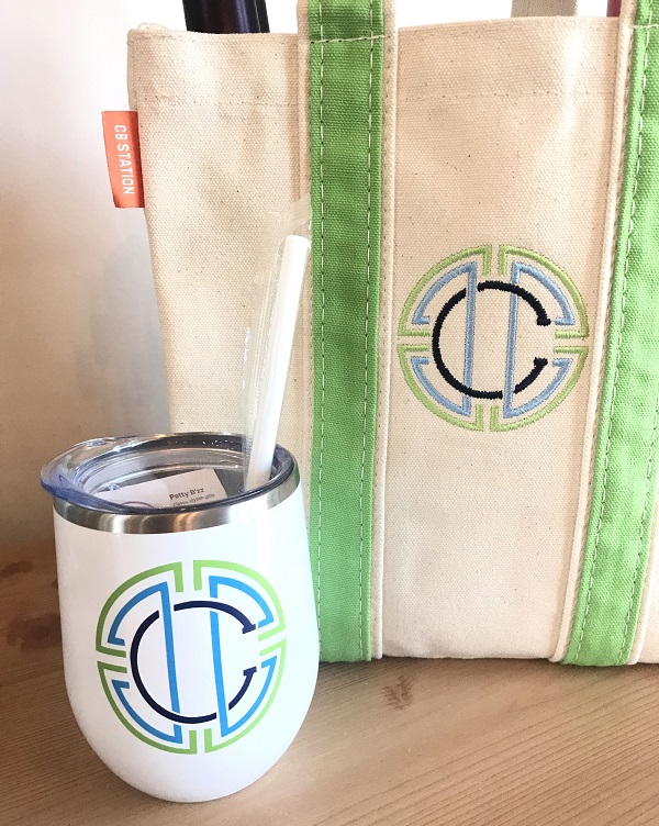 Insulated Wine Tumbler-in white, personalized with initial in green, light blue, navy vinyl