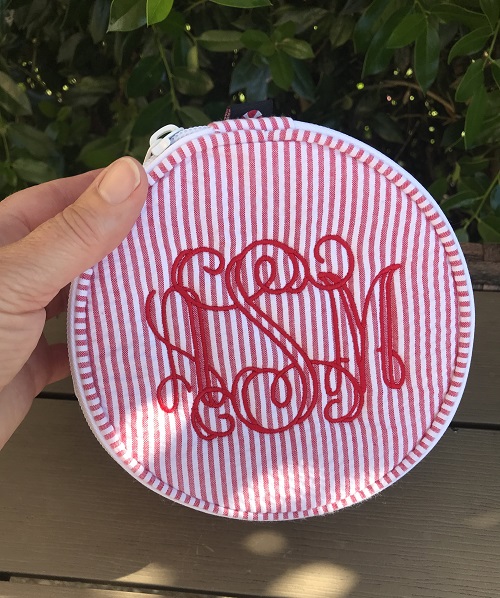 Seersucker Jewelry Round-round red seersucker zippered pouch embroidered with monogram
